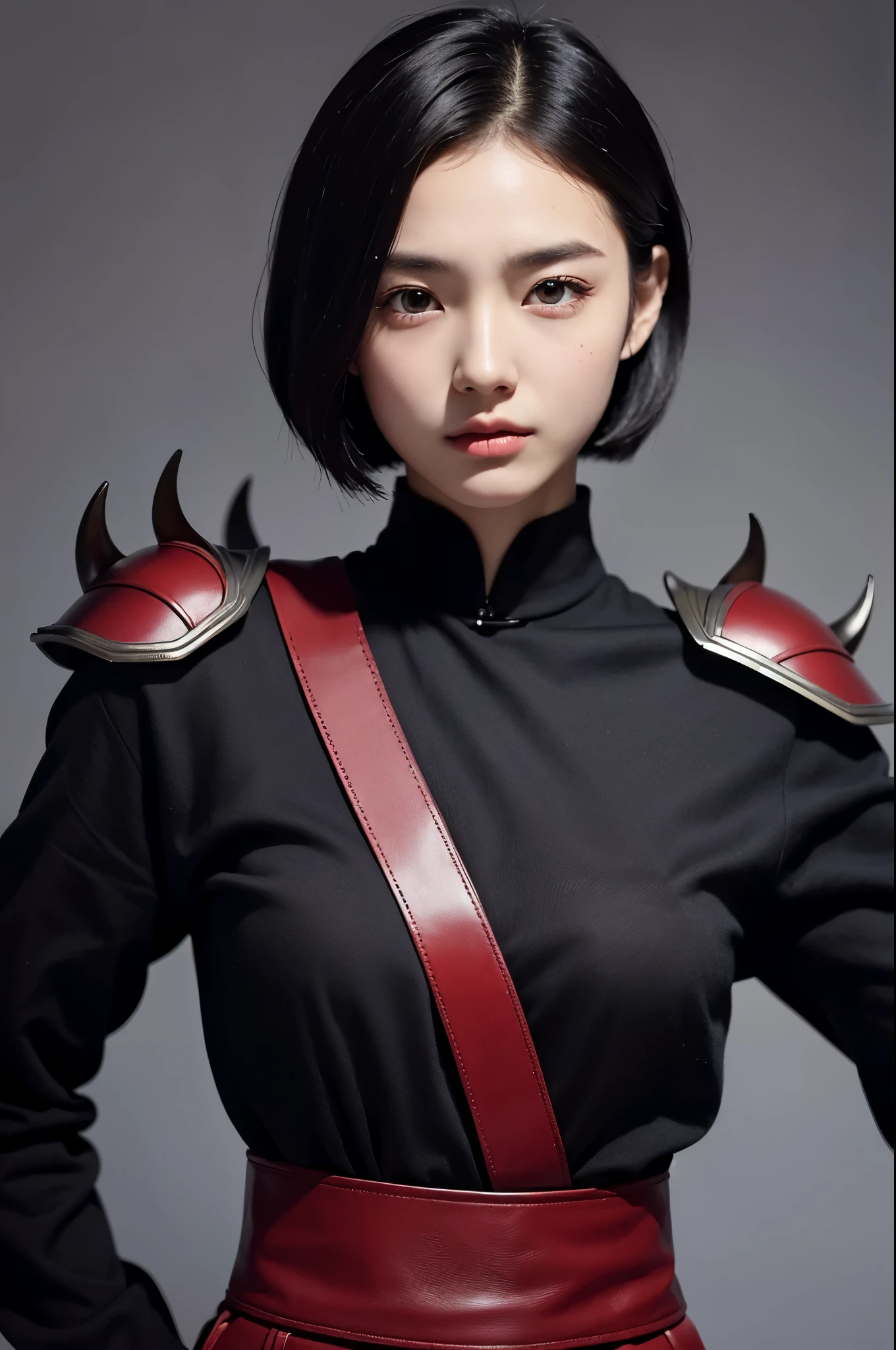 8k、alone、A -yeld angynous beauty,Super Beauty(Like the real thing),Iris,super beautiful teenager,Black short bob hair,Black and red samurai armor,Black trousers(Devil's Crest),Golden decoration,A long and large Japanese sword,Demon Slayer: Androgynous Beauty,What's left behind,A wonderful work of art、Wind effects:1.9、Cloud Effect:1.2、Full Rendering、Caustic soda coating、Unreal Engine、1 Japanese sword,Innocent look,Cool androgynous beauty,Ultra-high resolution,super 超Realistic Skin,Ultra-precise hand-crafted detailing,1Japanese sword and book,smile,Battle Scenes,Action Scenes,Action pose,Fighting Style,Photorealistic RAW photos of the highest quality。Backlight, Cinema Lighting, Film Grain, to be born, 50mm lens, Nikon D850,Realistic Skin,Fantasy art,Character Art,Ultra-high resolution,Muscular and slim body,Muscular and lean lower body,Precise facial details,What's left behind,Perfect hands,Cool androgynous handsome beauty,landscape,Red Gauntlet(Devil's Crest),Red shoulder blade(Devil's Crest),A lot of thick red smoke(largely),Ultra-realistic smoke,Extremely ripped abs,Muscular Beauty,