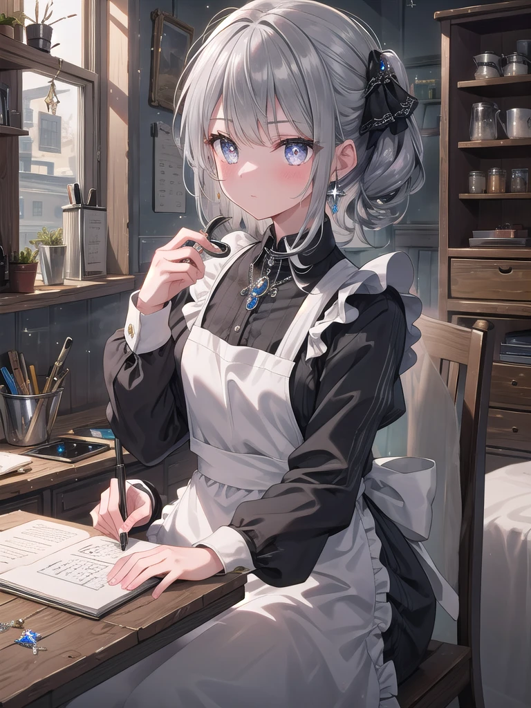 ((8k, best quality, master piece: 1.3)),super high resolution,(1 girl, solo), (colorshift eyes, hyperdetailed, expressive sparkling, glitter, glowing eyes), ultra detailed eyes, ultra-detailed face, random hair, ((silver gray color)),A scene of a female jewelry designer working on detailed decorations at her workbench. In the background, shelves with a wide variety of jewels and tools neatly arranged can be seen. She is wearing black work clothes and an apron, with small tools tucked into the pockets of her apron. Her serious expression is depicted as she performs detailed work through a magnifying glass. Small jewels and small parts are scattered on the workbench, and the light focused on her hands creates fine shadows and emphasizes the three-dimensional effect. The overall color palette is unified with cool hues, creating a professional atmosphere. The movement of her hands and the posture of her body are depicted realistically, and her hair is slightly swaying. A coffee cup and a notepad are placed in the corner of the workbench, creating a realistic sense of life. The shine of the jewels, the cold metal of the tools, and the texture of the fabric of her work clothes are depicted in detail.