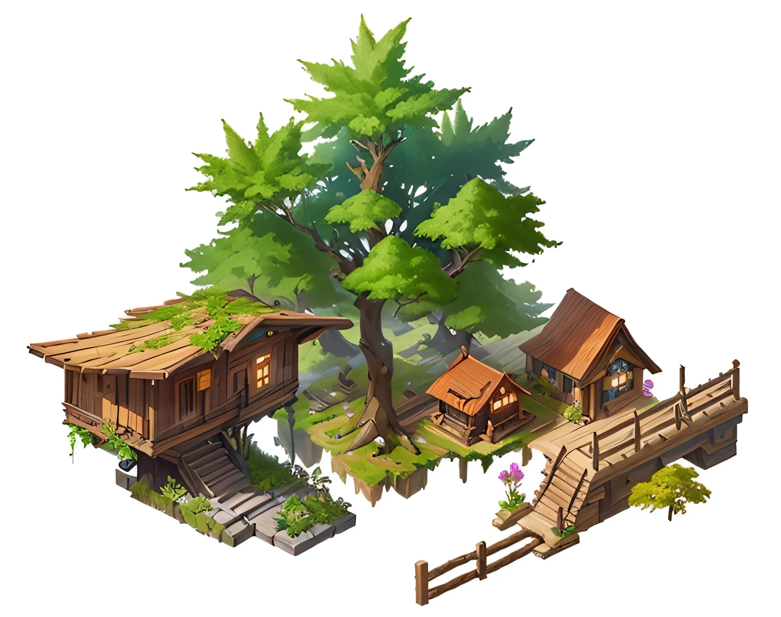 There is a small wooden structure there，There is a tree and a fence inside, Flying trees and park items, Contains tree props, Game image, Isometric environment, isometric Game assets, Game assets of plant and tree, Isometric Game Art, Jungle environment, Game assetss, Ancient wood environment, Dofus, Game assets, RPG Game Environment Assets