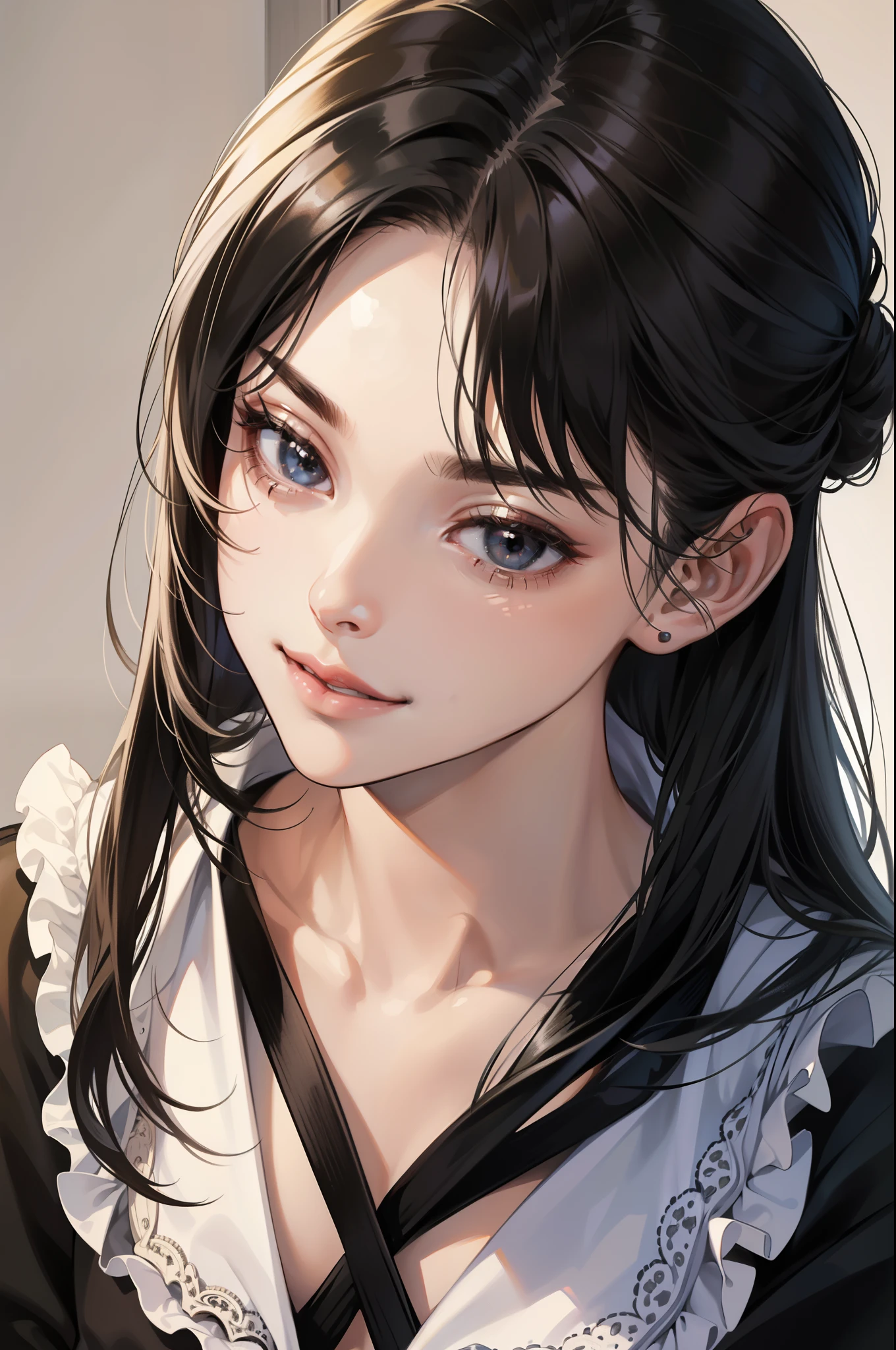 Masterpiece, best quality, realistic, 1woman, smug and mischievous pretty young woman, , ((close mouth)), extremely detailed, a little distance, portrait, ((black eyes)), ((straight no bang black hair)), 4K, evil look. Thick eyebrow, smirk