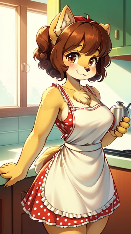 best quality, best resolution, solo, (fluffy anthro furry), golden retriever woman, 30 years old, brown hair, curly hair, dog ears, (light yellow fur), medium breast, thick thighs, (white dress with red polka dots, skirt apron, 60s curly hairstyle), 50s retro style kitchen