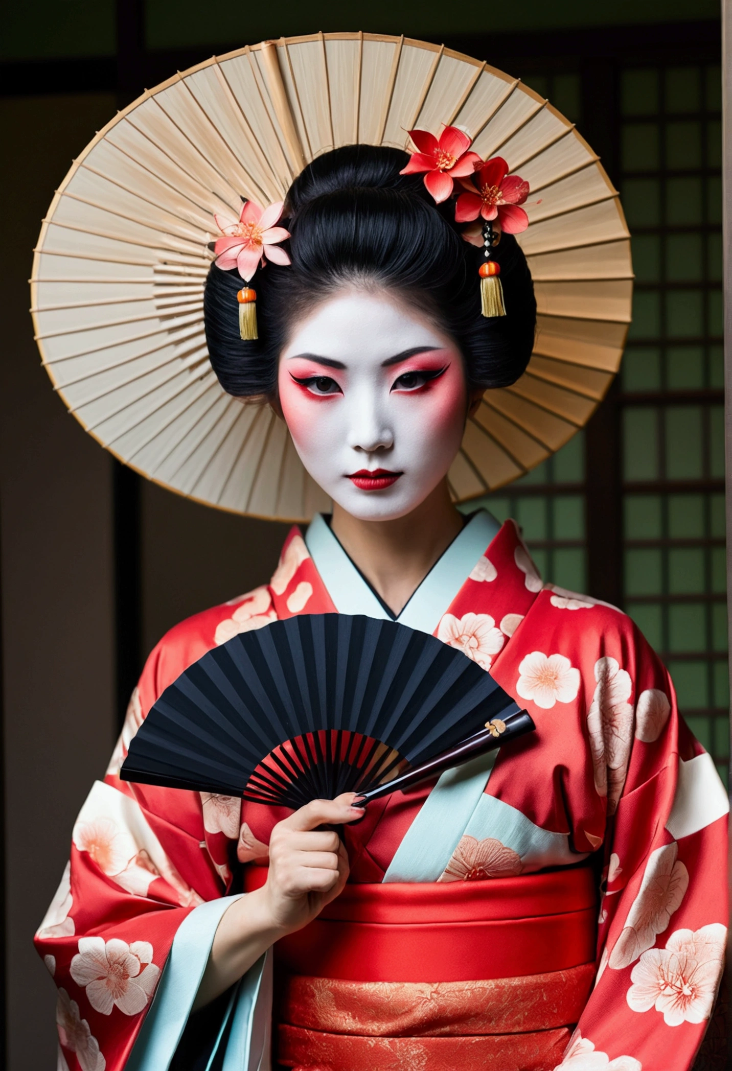 change, Leprechaun,A woman in a kimono holding a folding fan and a uchiwa fan, Traditional Japanese, Japanese style, Japanese Goddess, glamorous and sexy geisha, japanese geisha, Traditional beauty, In kimono, geisha, beauty geisha, Inspired by Fujiwara Takanobu, traditional geisha clothing, geisha makeup, organic seductive geisha, geisha make up