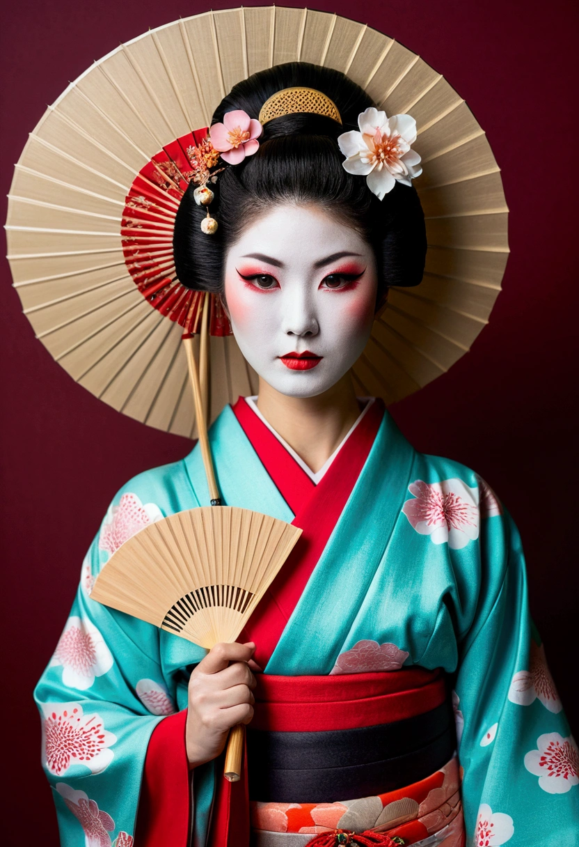 change, Leprechaun,A woman in a kimono holding a folding fan and a uchiwa fan, Traditional Japanese, Japanese style, Japanese Goddess, glamorous and sexy geisha, japanese geisha, Traditional beauty, In kimono, geisha, beauty geisha, Inspired by Fujiwara Takanobu, traditional geisha clothing, geisha makeup, organic seductive geisha, geisha make up