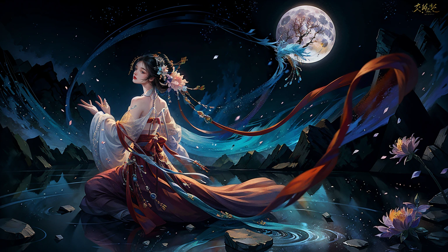 Official Art, Unity 8K wallpaper, Extremely detailed, beautiful and aesthetic, masterpiece, best quality, For the world,You may be alone,But for someone,You could be the whole world, paradox, Adrian Genius, Jenny Savile, Edward Hope, Surrealism, The Dark Arts of James Jean, Takato Yamamoto, 墨water朋克极简主义, fashion magazine, Editorial Photography, gufeng, moon, Tree, Solitary, water, flower, Branches, night, Black Hair, Back to, shawl, full moon, (1 Korean girl,Sexy facial features,Sexy fingers), in Tree, Long hair, Sky, sit, Chinese clothes, Hanfu, crescent moon, permanent, outdoor,