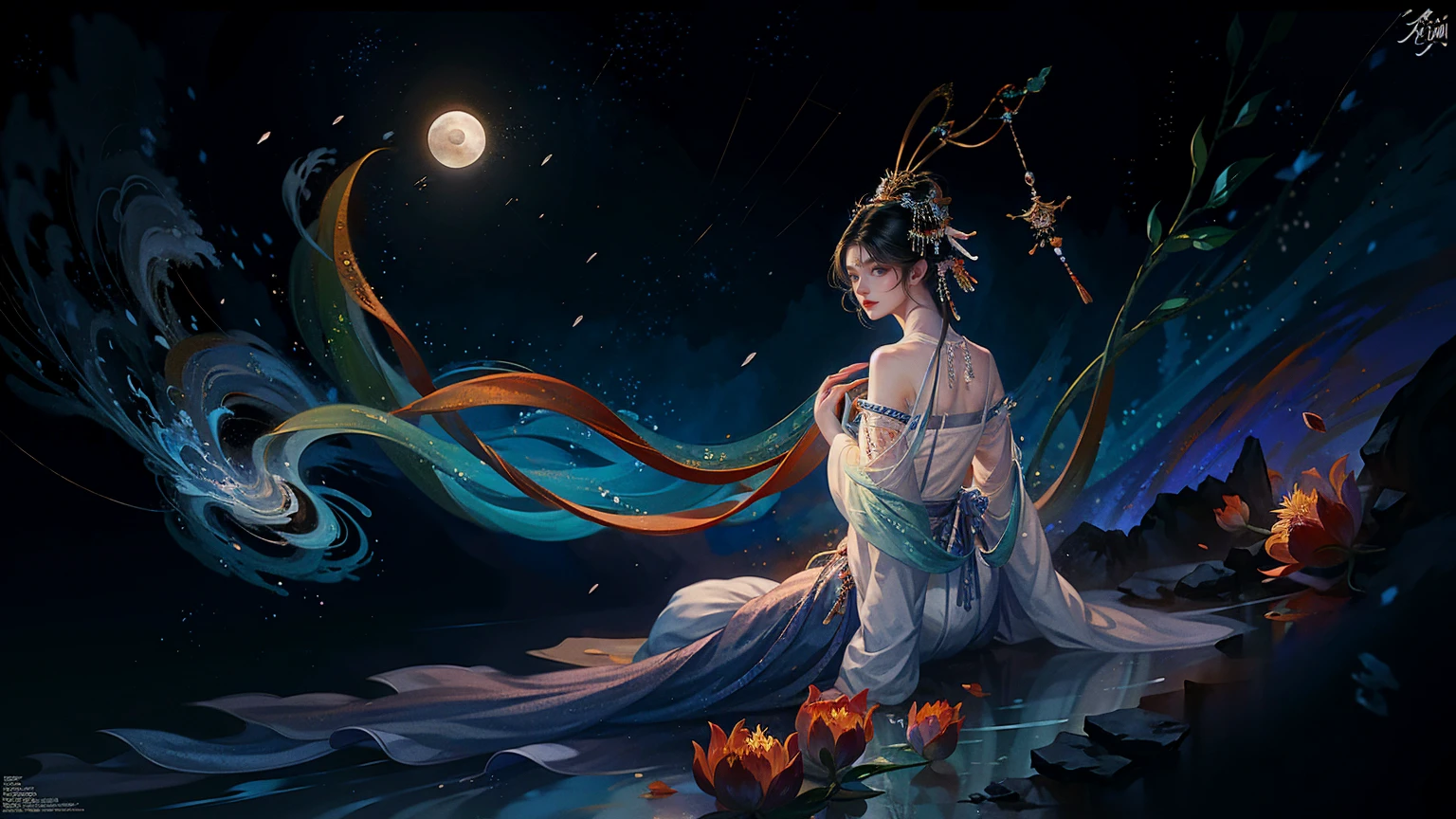 Official Art, Unity 8K wallpaper, Extremely detailed, beautiful and aesthetic, masterpiece, best quality, For the world，You may be alone，But for someone，You could be the whole world, paradox, Adrian Genius, Jenny Savile, Edward Hope, Surrealism, The Dark Arts of James Jean, Takato Yamamoto, 墨water朋克极简主义, fashion magazine, Editorial Photography, gufeng, moon, Tree, Solitary, water, flower, Branches, night, Black Hair, Back to, shawl, full moon, (1 Korean girl，Sexy facial features，Sexy fingers), in Tree, Long hair, Sky, sit, Chinese clothes, Hanfu, crescent moon, permanent, outdoor，