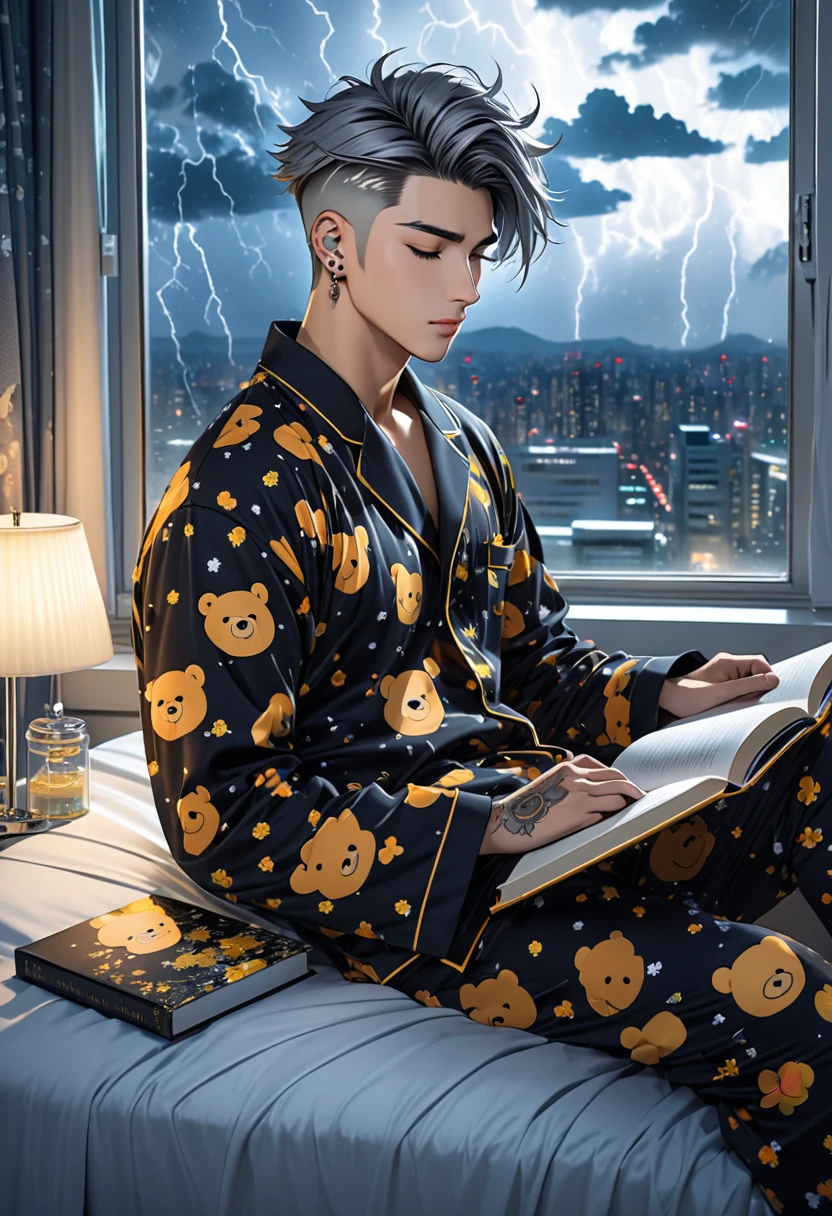 Handsome 25 year old anime male, sleeping atop his hospital bed/handsome male, face piercings, scars, short spiked black/grey undercut hair, wearing honey bear print pajamas, luxurious futuristic expensive hospital room, a book sits on the side table, night time, storm raging outside window