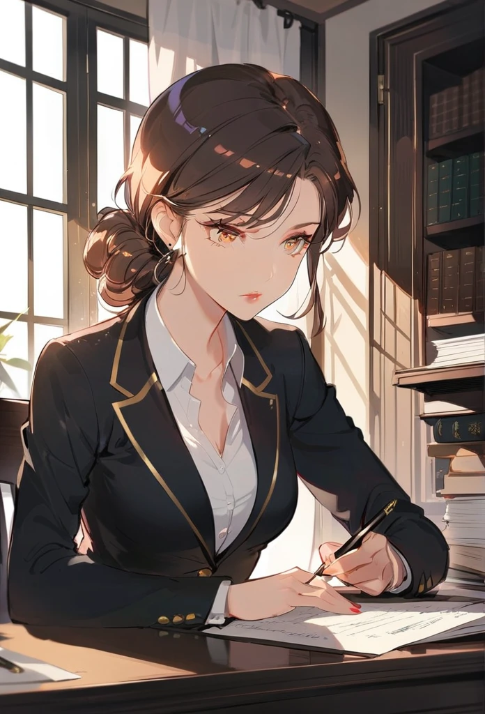 A lawyer girl, beautiful detailed eyes, beautiful detailed lips, extremely detailed eyes and face, long eyelashes, mid-length brown hair, wearing a formal black suit, sitting at a desk, working on a legal document, serious expression, detailed interior office setting, large windows, natural lighting,high quality, cinematic lighting, intricate details,