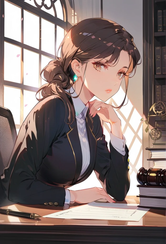 A lawyer girl, beautiful detailed eyes, beautiful detailed lips, extremely detailed eyes and face, long eyelashes, mid-length brown hair, wearing a formal black suit, sitting at a desk, working on a legal document, serious expression, detailed interior office setting, large windows, natural lighting,high quality, cinematic lighting, intricate details,