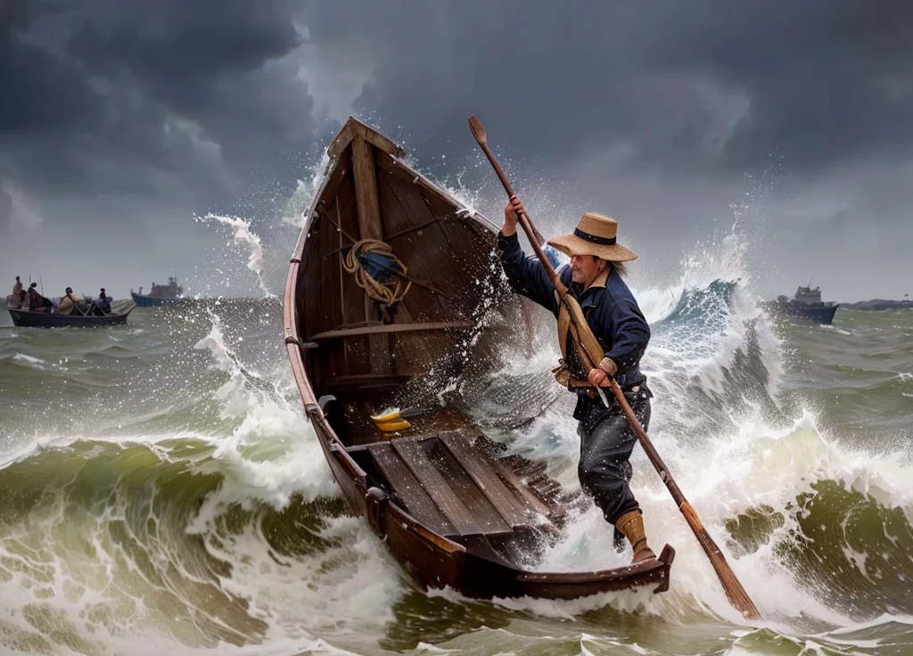A man is rowing a boat in the water with a stick, The sea and the storm are behind him, Fisherman, Dramatic action shots, dramatic action photography, Rough seas, in a storm, by Cheng Zhengkui, Extraordinary photography, Award-winning photos!!!!, the most beautiful image ever seen, Great photos, Photo of the Year Award Winner, an Great photos