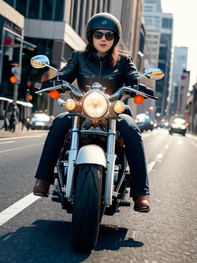 city, road,american cruiser motorcycle,female rider,motion blur:1.4