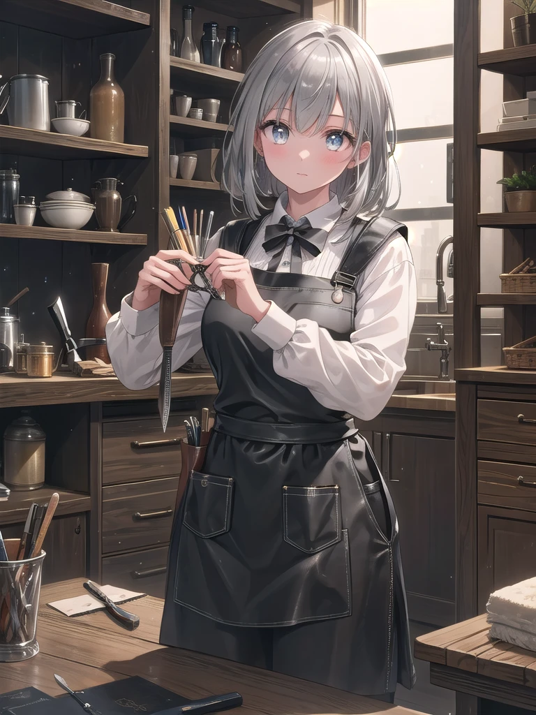 ((8k, best quality, master piece: 1.3)),super high resolution,(1 girl, solo), (colorshift eyes, hyperdetailed, expressive sparkling, glitter, glowing eyes), ultra detailed eyes, ultra-detailed face, random hair, ((silver gray color)),A female leather craftsman is cutting and sewing leather in her studio. In the background, we can see shelves lined with leather of various colors and textures and cutting tools arranged in an orderly fashion. She is wearing work clothes and an apron with leather stains on them, and sewing needles and thread are visible in her hands. Her expression is depicted as she is concentrating seriously on her work, and the light focused on her hands emphasizes the three-dimensional effect. The overall color palette is unified with natural shades, creating a calm atmosphere. The movement of her hands and the posture of her body are depicted realistically, and her hair is slightly messy. Leather in the middle of being cut and tools are lined up on the workbench, giving a sense of realistic everyday life. The texture of the leather, the coldness of the metal of the tools, and the softness of the fabric of the work clothes are depicted in detail.