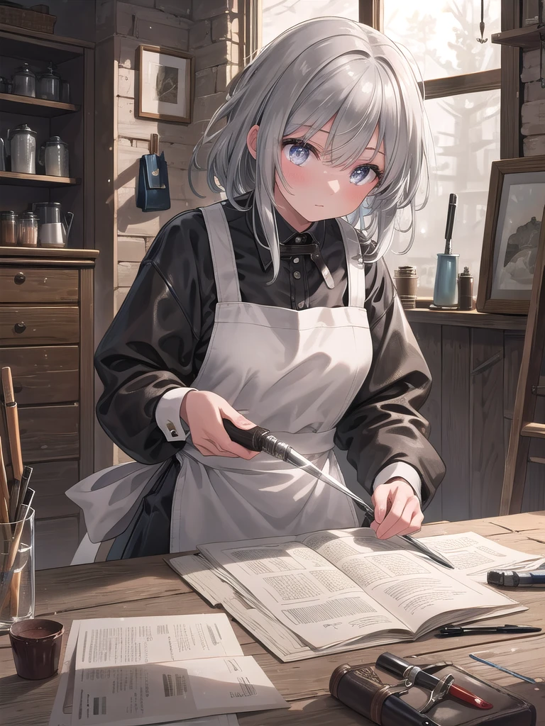 ((8k, best quality, master piece: 1.3)),super high resolution,(1 girl, solo), (colorshift eyes, hyperdetailed, expressive sparkling, glitter, glowing eyes), ultra detailed eyes, ultra-detailed face, random hair, ((silver gray color)),A female leather craftsman is cutting and sewing leather in her studio. In the background, we can see shelves lined with leather of various colors and textures and cutting tools arranged in an orderly fashion. She is wearing work clothes and an apron with leather stains on them, and sewing needles and thread are visible in her hands. Her expression is depicted as she is concentrating seriously on her work, and the light focused on her hands emphasizes the three-dimensional effect. The overall color palette is unified with natural shades, creating a calm atmosphere. The movement of her hands and the posture of her body are depicted realistically, and her hair is slightly messy. Leather in the middle of being cut and tools are lined up on the workbench, giving a sense of realistic everyday life. The texture of the leather, the coldness of the metal of the tools, and the softness of the fabric of the work clothes are depicted in detail.