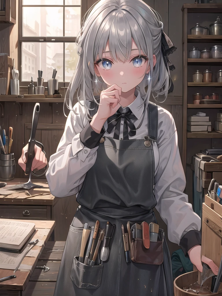 ((8k, best quality, master piece: 1.3)),super high resolution,(1 girl, solo), (colorshift eyes, hyperdetailed, expressive sparkling, glitter, glowing eyes), ultra detailed eyes, ultra-detailed face, random hair, ((silver gray color)),A female leather craftsman is cutting and sewing leather in her studio. In the background, we can see shelves lined with leather of various colors and textures and cutting tools arranged in an orderly fashion. She is wearing work clothes and an apron with leather stains on them, and sewing needles and thread are visible in her hands. Her expression is depicted as she is concentrating seriously on her work, and the light focused on her hands emphasizes the three-dimensional effect. The overall color palette is unified with natural shades, creating a calm atmosphere. The movement of her hands and the posture of her body are depicted realistically, and her hair is slightly messy. Leather in the middle of being cut and tools are lined up on the workbench, giving a sense of realistic everyday life. The texture of the leather, the coldness of the metal of the tools, and the softness of the fabric of the work clothes are depicted in detail.