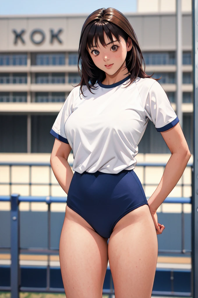 masterpiece, best quality, highres,Young and very cute17-year-old girl,Sexy pose,Unusually beautiful and large eyes,A well-balanced and toned body,yoshizuki_iori, buruma,gym uniform, standing, cowboy shot, outdoors,