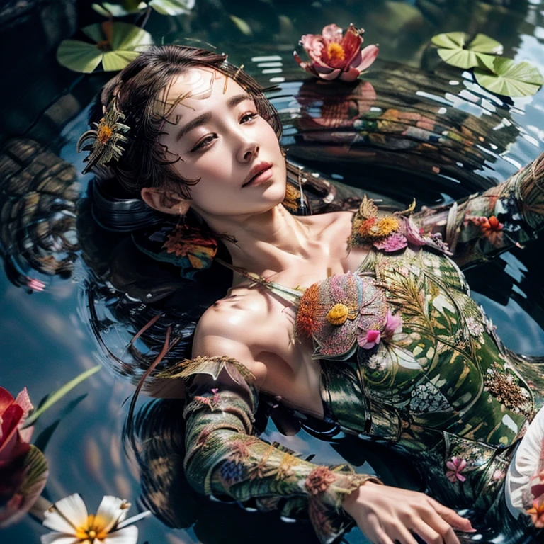 ((Ultra-Detailed (Ophelia:1.37))) with closed eyes, expressionless, lying on her back, (((Whole Body submerged, Only Upper Face above water Surface))) in a Pond, surrounded by petals, flowers, (((Extremely Detailed Stunning Face))) Sparkling Water , water flow, White Lace Dress