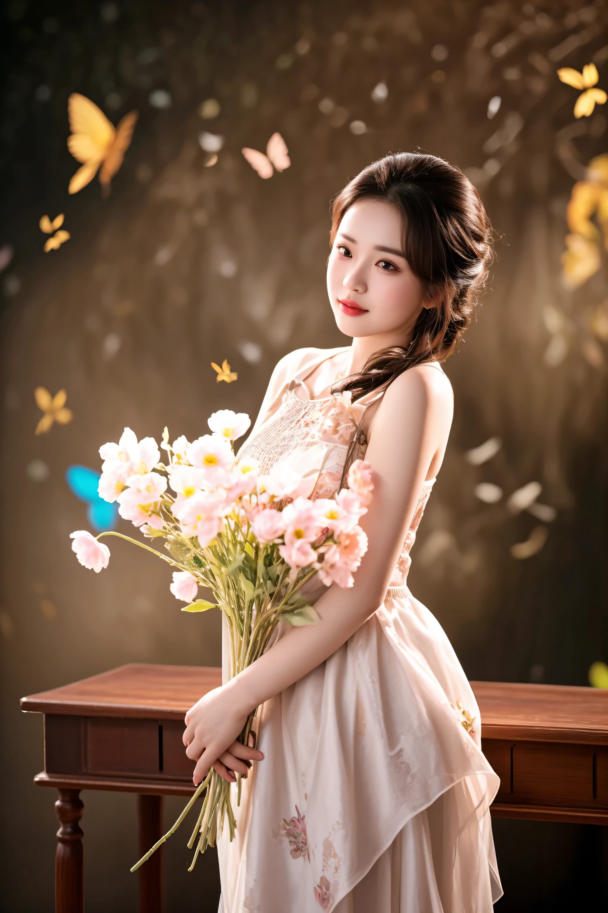 there is a woman holding a bouquet of flowers on a table, photo taken with nikon d 7 5 0, photo taken with nikon d750, with flowers, chinese girl, portrait shot, 60mm portrait, 7 0 mm portrait, shot on nikon z9, in style of lam manh, hoang long ly, beautiful portrait photo, ao dai
