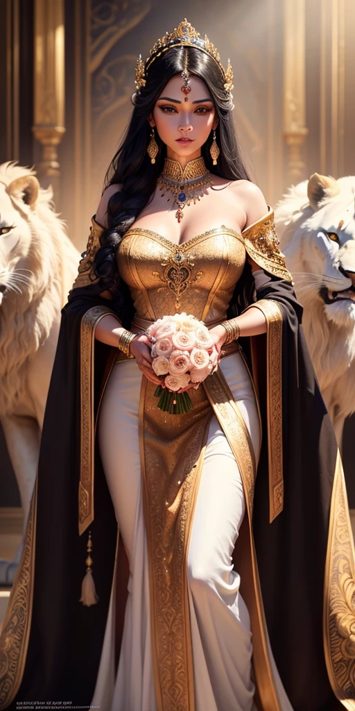 Sexy a beautiful detailed female hindu goddess, long black hair, intricate white and jeweled outfit, standing next to two large white lions, holding a bouquet of colorful flowers, (best quality,4k,8k,highres,masterpiece:1.2),ultra-detailed,(realistic,photorealistic,photo-realistic:1.37),extremely detailed face and eyes,beautiful detailed lips,extremely detailed and intricate jewelry and clothing,detailed fur on the lions,vibrant colors,dramatic lighting,ornate and elaborate background