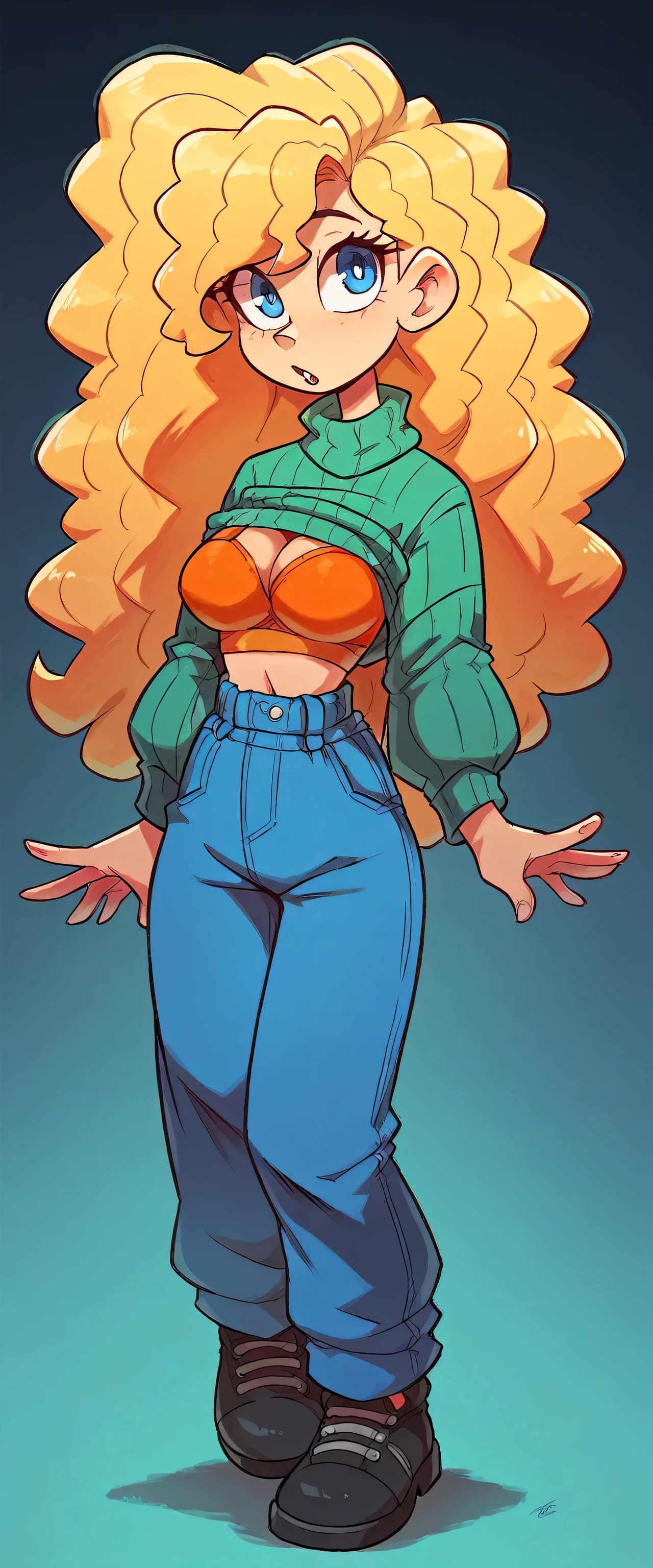 a cute girl beautiful big breast long curly yellow hair mencho in front her blue eye she dresses top orange bra underneath long green sweater and blue pants black shoe
