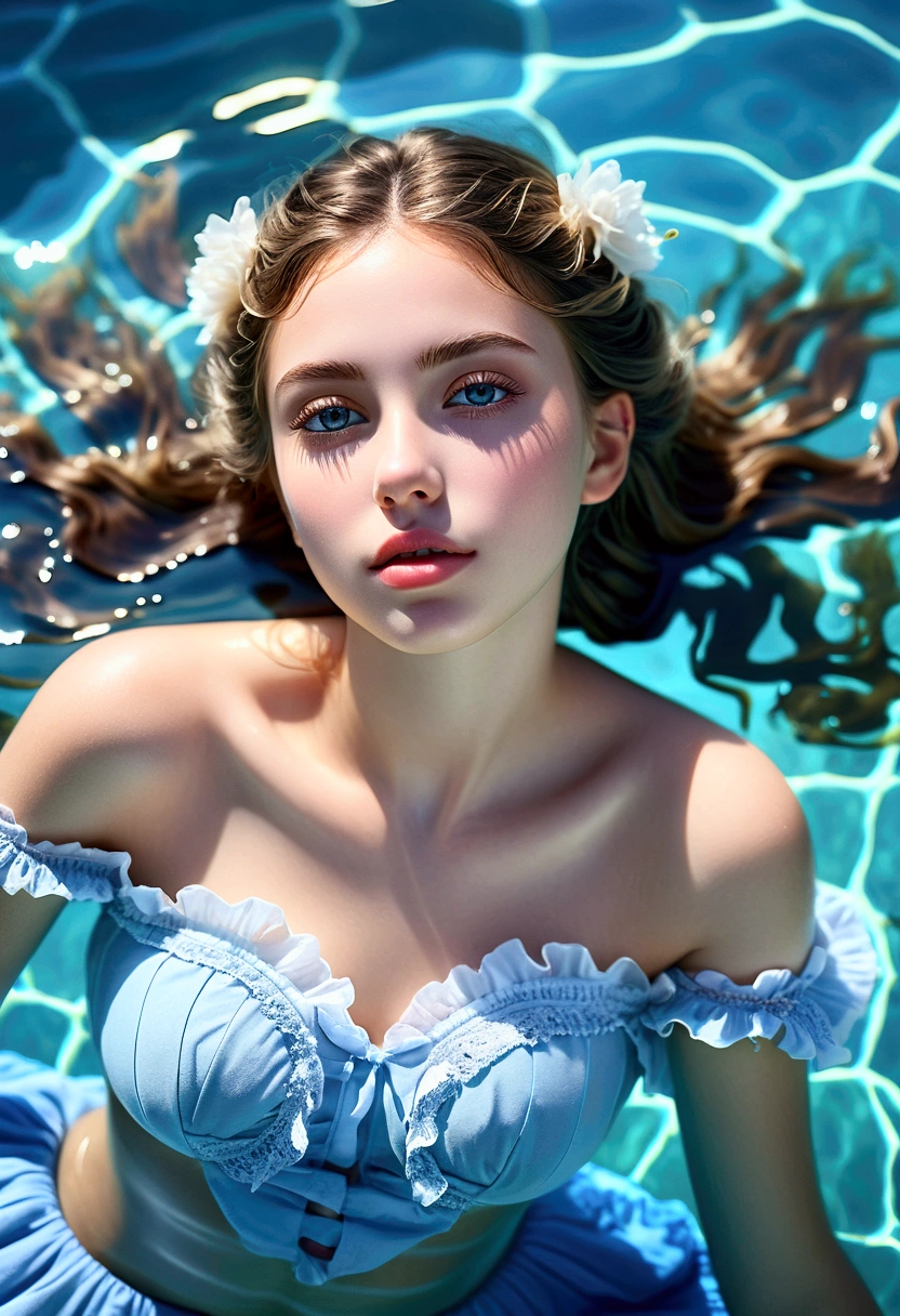 1girl, beautiful detailed eyes, beautiful detailed lips, very detailed face and pupils, long eyelashes, wearing a frilly off-shoulder top, lying in clear blue shallow water, relaxing, gentle waves, reflection in the water, (upper body from the waist_aerial shot low angular focus), surreal concept (highest quality, 4k, 8k, high resolution, masterpiece:1.2), very detailed, (realistic, photorealistic, photorealistic:1.37), natural light, soft lighting, calming atmosphere, dreamlike, ethereal, stillness, quiet