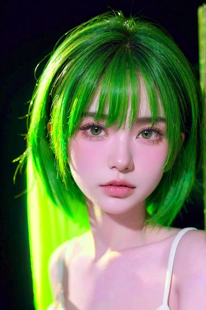 HDR, UHD, 64K, nokiapretty, sweather colorlight yellow, black background, greenhair