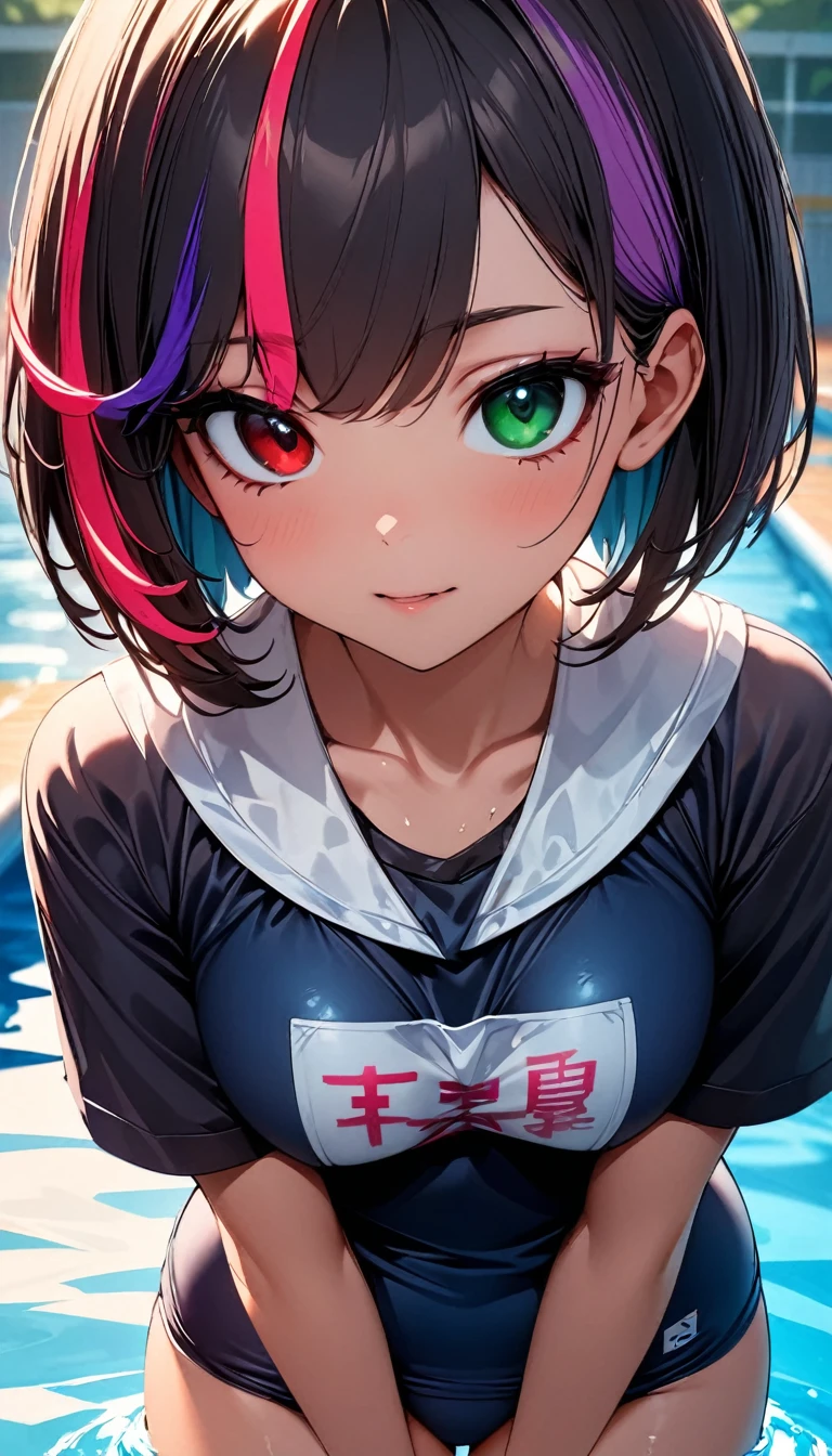 (highest quality:1.2, Very detailed, up to date, Vibrant, Ultra-high resolution, High Contrast, masterpiece:1.2, highest quality, Best aesthetics), Portraiture、girl、solo, (25-years-old:1), slim, , heterrochromia, green eye, red eye, Bright colors、Beautiful fine details、Beautiful lip detail、extra short hair, ((bob cut:1.5))、pink and purple, ((streaked hair:1.9)), (highlights hair: 1.6), (small breast:0.4), (wearing school swimsuit, (She has a white bib with her name "MIKU" written in large letters on her chest.)), swimming, school pool,cowboy shot:1,
