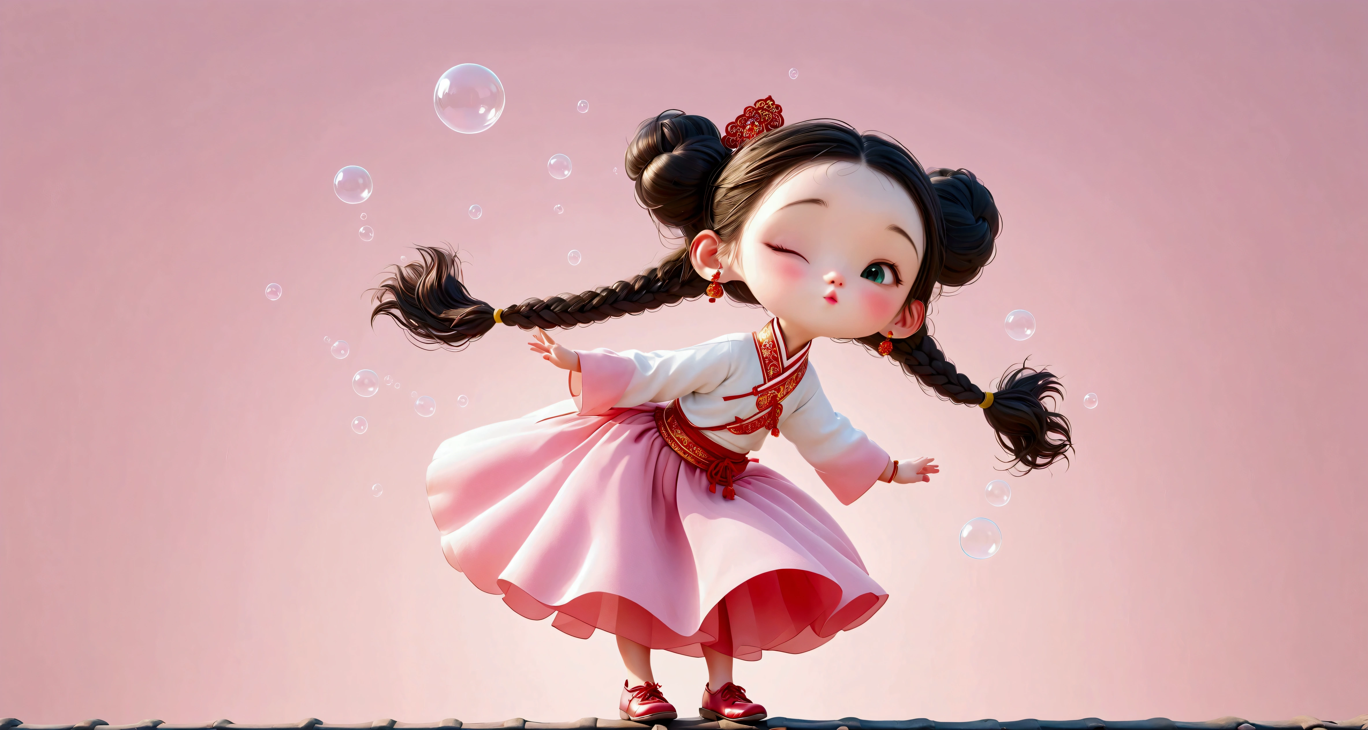 The girl&#39;s feet are on a Chinese-style roof.，ridge，Tiles，Standing on a Chinese building。Lots of big bubbles；