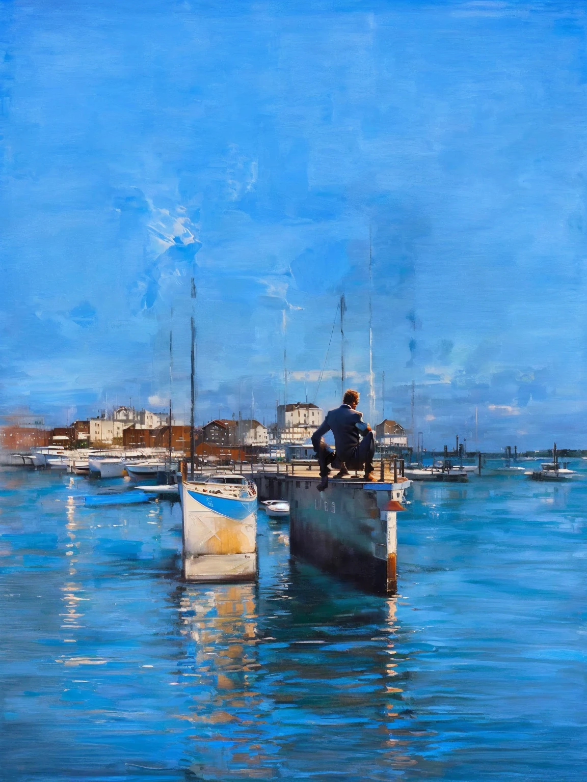 there is a man sitting on a dock with a boat in the background, near a jetty, small dock, harbor, docked at harbor, harbour, boat dock, port, bay, moored, harbour in background, a man sitting on a jetty, symmetric, wood pier and houses, very coherent image, very elegant & complex, docks, artistic interpretation