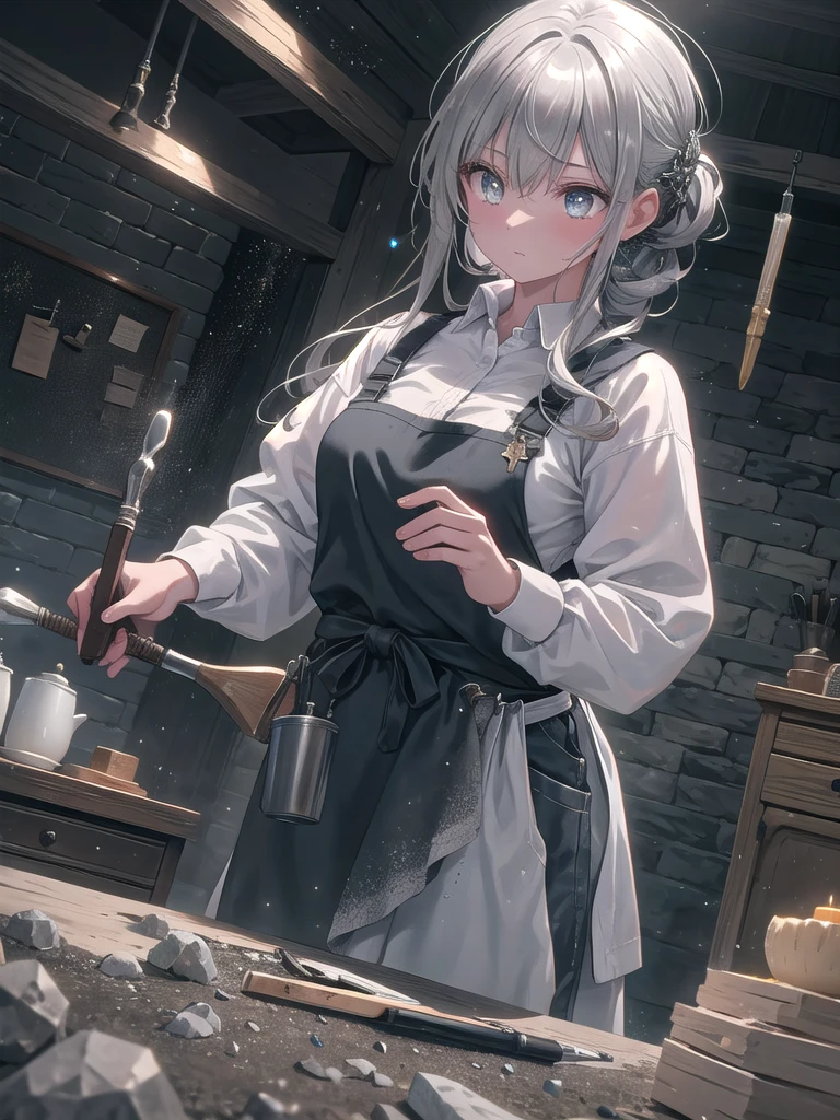 ((8k, best quality, master piece: 1.3)),super high resolution,(1 girl, solo), (colorshift eyes, hyperdetailed, expressive sparkling, glitter, glowing eyes), ultra detailed eyes, ultra-detailed face, random hair, ((silver gray color)),A scene of a female glass blower working at glassblowing. In the background, a workbench with colorful pieces of glass and tools can be seen. She is wearing heat-resistant work clothes, an apron, and goggles. Her facial expression as she blows and shapes the glass is depicted, creating the atmosphere of a workshop enveloped in heat. The light of the red-hot furnace illuminates her face and hands, creating shadows and emphasizing the three-dimensional effect. The overall color palette is unified in warm colors, expressing the heat of the workshop. The movement of her hands and the posture of her body are depicted realistically, and her hair is slightly damp with sweat. Unfinished glass products and tools are lined up on the workbench, giving the impression of a realistic sense of life. The transparency of the glass, the metallic texture of the tools, and the softness of the fabric of her work clothes are depicted in detail.