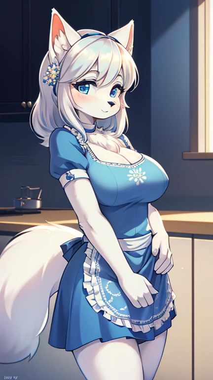 best quality, best resolution, solo, (fluffy anthro furry), arctic fox woman, 30 years old, silver hair, blue eyes, (white fur), big breast, hourglass figure, sophisticated manner, (blue dress with floral patterns, skirt apron, 60's hairstyle), 50s retro style kitchen