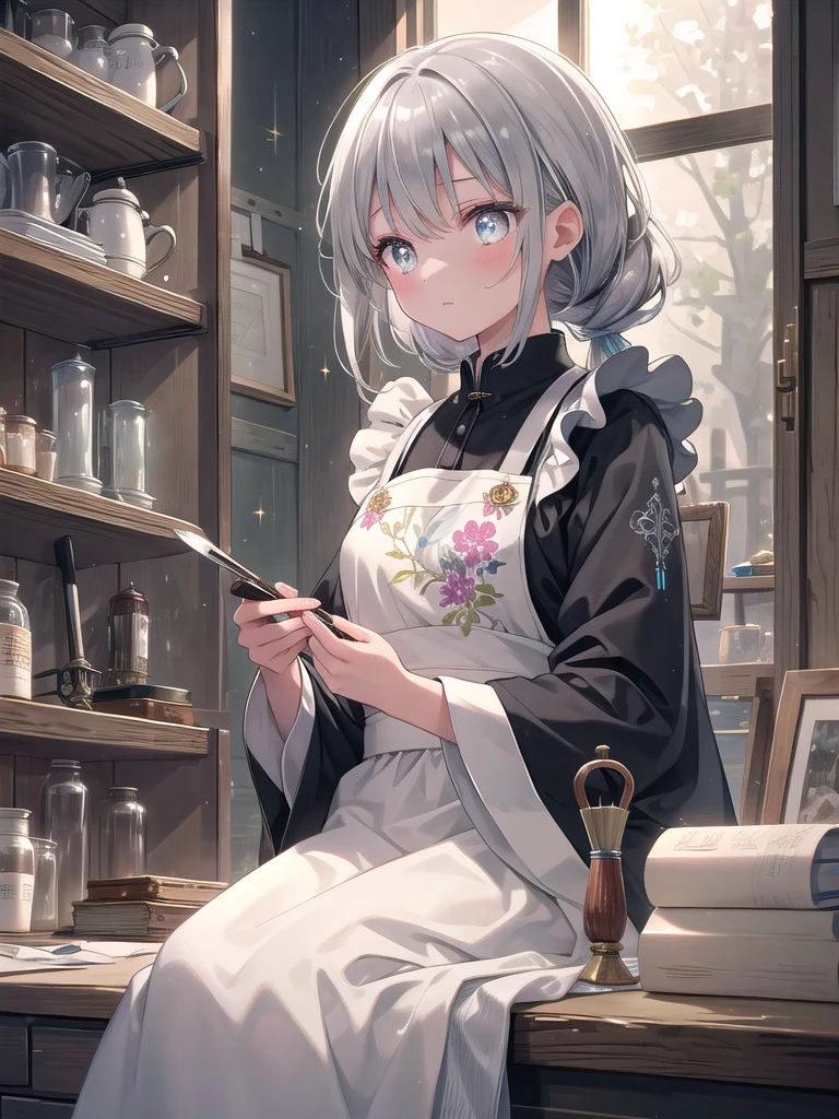 ((8k, best quality, master piece: 1.3)),super high resolution,(1 girl, solo), (colorshift eyes, hyperdetailed, expressive sparkling, glitter, glowing eyes), ultra detailed eyes, ultra-detailed face, random hair, ((silver gray color)),A scene depicting a female embroiderer working on intricate embroidery in her studio. In the background, shelves are lined with various colored threads and embroidery tools neatly arranged. She is wearing soft work clothes and an apron, and a needle and thread are visible in her hands. Her serious expression is depicted as she concentrates on the intricate embroidery, and the light focused on her hands emphasizes the three-dimensional effect. The overall color palette is unified with soft neutral colors, creating a calm atmosphere. The movement of her hands and the posture of her body are depicted realistically, and her hair is slightly messy. Cloth and tools in the middle of being embroidered are lined up on the workbench, giving a sense of realistic everyday life. The texture of the fabric, the luster of the thread, and the softness of the fabric of her work clothes are depicted in detail.