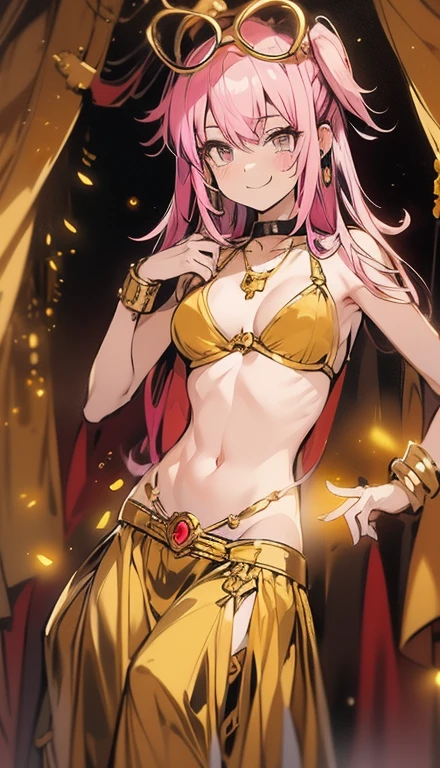 A smug narcissistic pink haired woman wearing a golden bra and golden pants and lots of jewelry flaunting herself