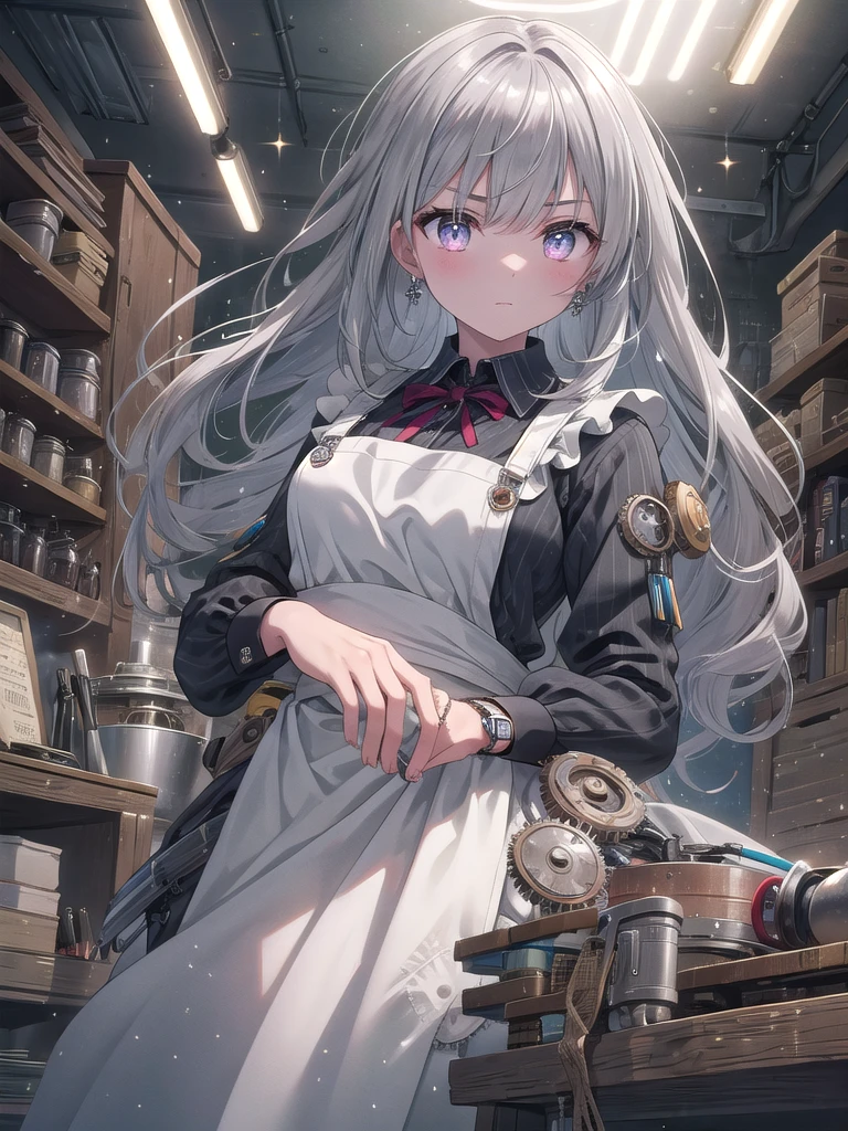 ((8k, best quality, master piece: 1.3)),super high resolution,(1 girl, solo), (colorshift eyes, hyperdetailed, expressive sparkling, glitter, glowing eyes), ultra detailed eyes, ultra-detailed face, random hair, ((silver gray color)),A scene of a female watchmaker assembling intricate gears. In the background, a workbench with watch parts and tools neatly arranged can be seen. She is wearing protective work clothes and an apron, and tweezers and gears can be seen in her hands. Her serious expression is depicted as she concentrates on her precise work, and the light focused on her hands emphasizes the three-dimensional effect. The overall color palette is unified with cool hues, creating a professional atmosphere. The movements of her hands and the posture of her body are depicted realistically, and her hair is slightly swaying. Watches and tools in the middle of assembly are lined up on the workbench, giving a sense of realistic life. The texture of the gears, the cold metal of the tools, and the softness of the fabric of the work clothes are depicted in detail.