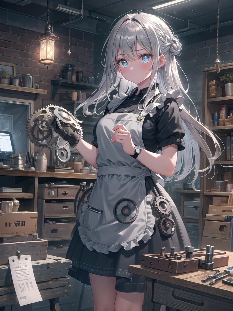 ((8k, best quality, master piece: 1.3)),super high resolution,(1 girl, solo), (colorshift eyes, hyperdetailed, expressive sparkling, glitter, glowing eyes), ultra detailed eyes, ultra-detailed face, random hair, ((silver gray color)),A scene of a female watchmaker assembling intricate gears. In the background, a workbench with watch parts and tools neatly arranged can be seen. She is wearing protective work clothes and an apron, and tweezers and gears can be seen in her hands. Her serious expression is depicted as she concentrates on her precise work, and the light focused on her hands emphasizes the three-dimensional effect. The overall color palette is unified with cool hues, creating a professional atmosphere. The movements of her hands and the posture of her body are depicted realistically, and her hair is slightly swaying. Watches and tools in the middle of assembly are lined up on the workbench, giving a sense of realistic life. The texture of the gears, the cold metal of the tools, and the softness of the fabric of the work clothes are depicted in detail.