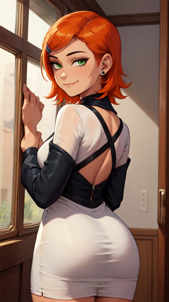 1 girl,(solo), (masterpiece:1.2), (high quality:1.0),looking at viewer, (ultra detailed),smile,short orange hair, green eyes, Gwen Tennyson, babydoll dress,  curvy, from behind,