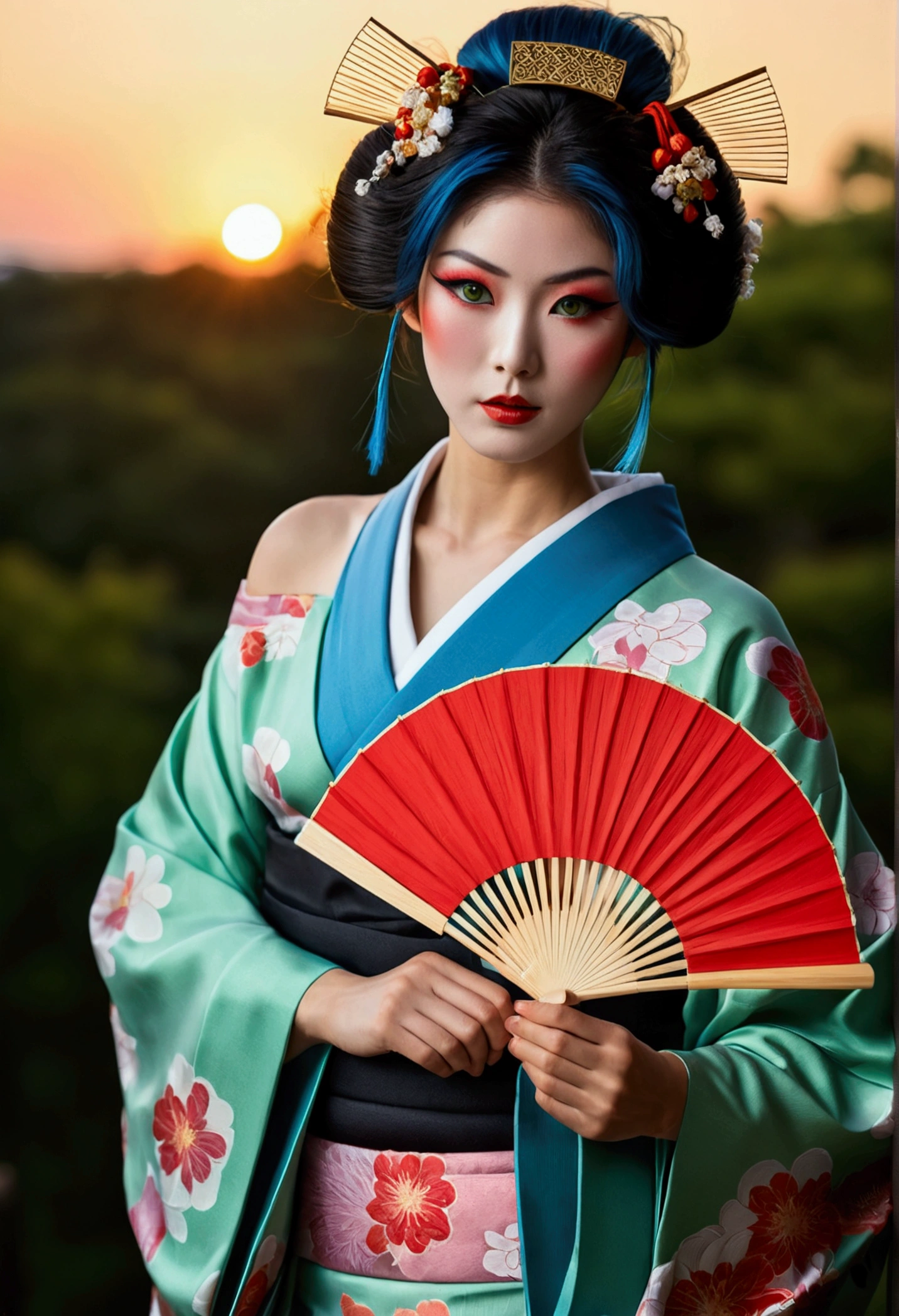 Highest quality, masterpiece, Ultra-high resolution, (realism: 1.4), Original photo, One girl, Green Eyes, Off the shoulder, Cinema Lighting, Blue Hair, Change at sunset, Leprechaun,A woman in a kimono holding a folding fan and a uchiwa fan, Traditional Japanese, Japanese style, Japanese Goddess, glamorous and sexy geisha, japanese geisha, Traditional beauty, in kimono, geisha, beauty geisha, Inspired by Fujiwara Takanobu, traditional geisha clothing, geisha makeup, organic seductive geisha, geisha make up