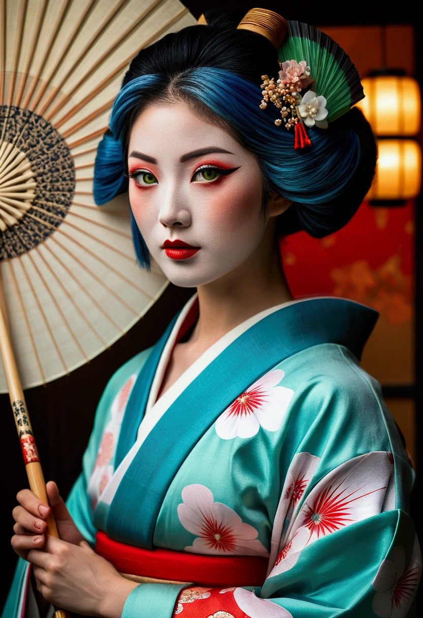 Highest quality, masterpiece, Ultra-high resolution, (realism: 1.4), Original photo, One girl, Green Eyes, Off the shoulder, Cinema Lighting, Blue Hair, Change at sunset, Leprechaun,A woman in a kimono holding a folding fan and a uchiwa fan, Traditional Japanese, Japanese style, Japanese Goddess, glamorous and sexy geisha, japanese geisha, Traditional beauty, in kimono, geisha, beauty geisha, Inspired by Fujiwara Takanobu, traditional geisha clothing, geisha makeup, organic seductive geisha, geisha make up