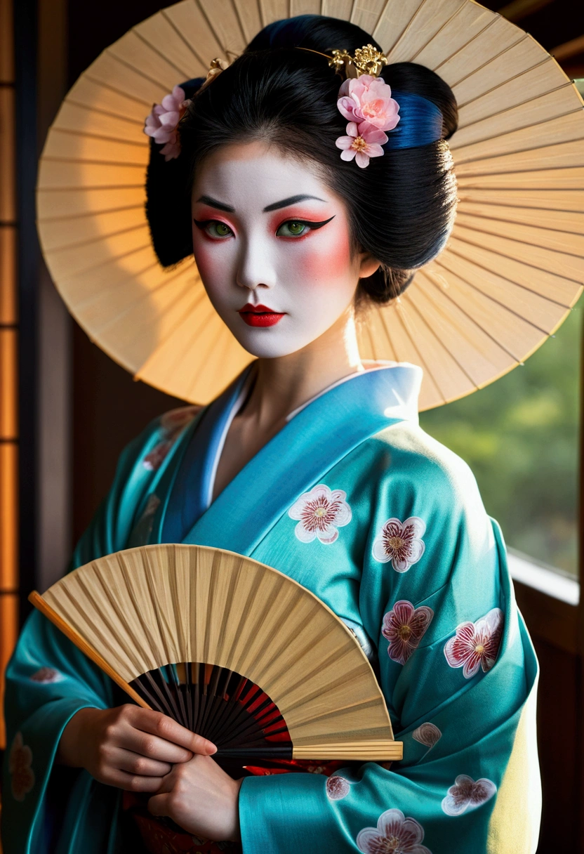 Highest quality, masterpiece, Ultra-high resolution, (realism: 1.4), Original photo, One girl, Green Eyes, Off the shoulder, Cinema Lighting, Blue Hair, Change at sunset, Leprechaun,A woman in a kimono holding a folding fan and a uchiwa fan, Traditional Japanese, Japanese style, Japanese Goddess, glamorous and sexy geisha, japanese geisha, Traditional beauty, in kimono, geisha, beauty geisha, Inspired by Fujiwara Takanobu, traditional geisha clothing, geisha makeup, organic seductive geisha, geisha make up