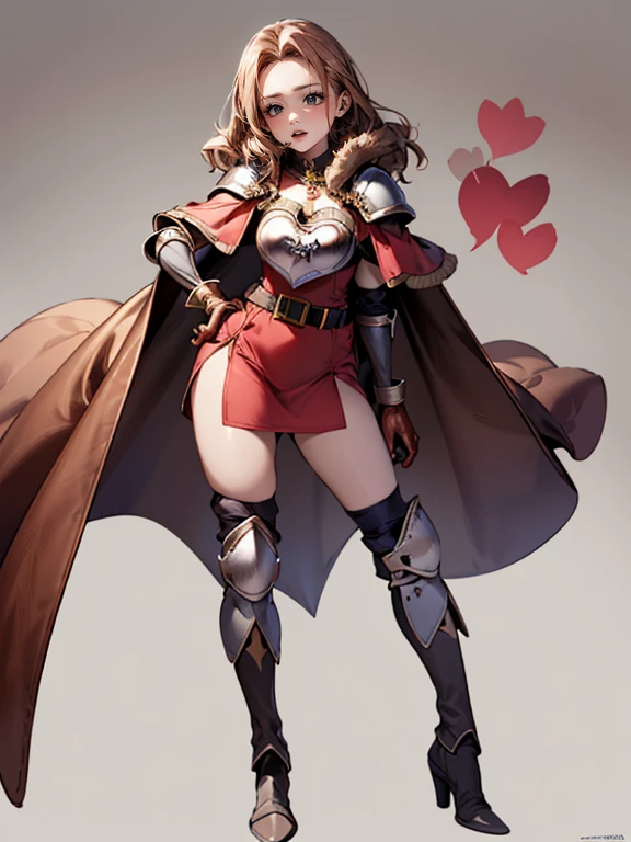Imagine in a full-body image with full 4K quality, ultra detailed. a mature girl with a perfect curvy body, solo, small breasts, hip bones, perfect face, beautiful blue eyes, long brown hair styled in a drill hair style. She wears a beautiful short dress in green tones in a magical girl style, a leather armor (((""heart breastplate"")), leather shoulder pad, high-heeled leather boots, leather gloves, wide belt, knee pads, elbow pads, fur cape ). She stands with her legs apart on a gray background, her expression is loving with a loving, loving smile and tender gaze looking at the viewer.