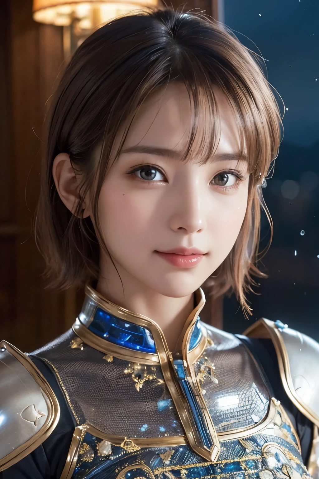 Ultra-high resolution、(Real:1.4)、One beautiful woman、Beautifully detailed eyes and skin、Light brown short hair、A Little Smile、Small Bust、Intricately decorated smart space suit、Impressive pose、Remains of a huge structure、Valley、cliff、Cloudy、evening、light rain、