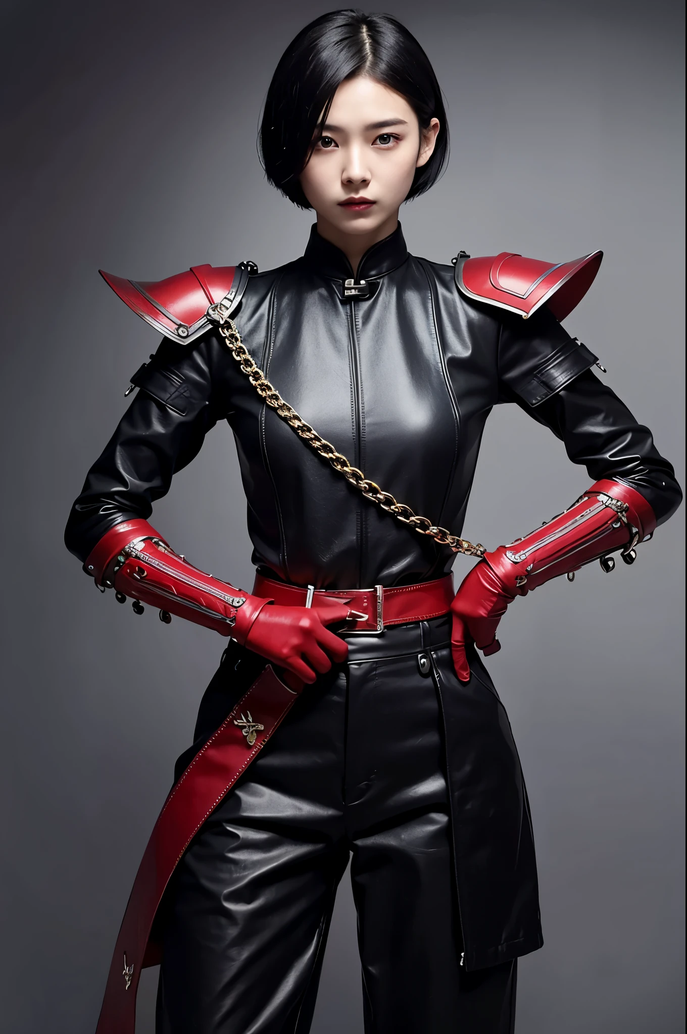 8k、alone、A 16-year-old androgynous beauty,Super Beauty(Like the real thing),Iris,super beautiful ager,Black short bob hair,Black and red samurai armor,Black trousers(Devil's Crest),Golden decoration,A long and large Japanese sword,Demon Slayer: Androgynous Beauty,What's left behind,A wonderful work of art、Wind effects:1.9、Cloud Effect:1.2、Full Rendering、Caustic soda coating、Unreal Engine、1 Japanese sword,Innocent look,Cool androgynous beauty,Ultra-high resolution,super 超Realistic Skin,Ultra-precise hand-crafted detailing,1Japanese sword and book,smile,Battle Scenes,Action Scenes,Action pose,Fighting Style,Photorealistic RAW photos of the highest quality。Backlight, Cinema Lighting, Film Grain, to be born, 50mm lens, Nikon D850,Realistic Skin,Fantasy art,Character Art,Ultra-high resolution,Muscular and slim body,Muscular and lean lower body,Precise facial details,What's left behind,Perfect hands,Cool sexy beauty,landscape,Red Gauntlet(Devil's Crest),Red shoulder blade(Devil's Crest),A lot of thick red smoke(largely),Ultra-realistic smoke,Extremely ripped abs,Muscular Beauty,