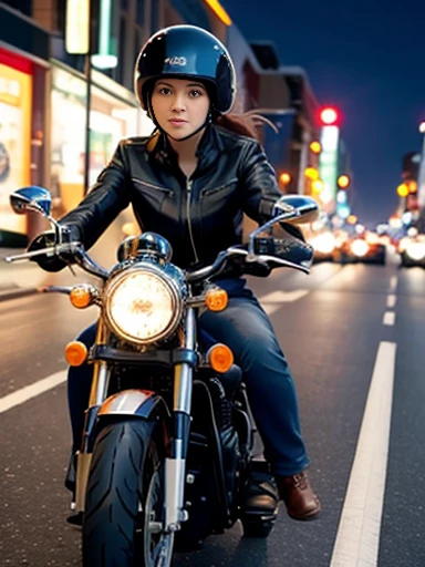 city, road,american cruiser motorcycle,female rider,motion blur:1.2