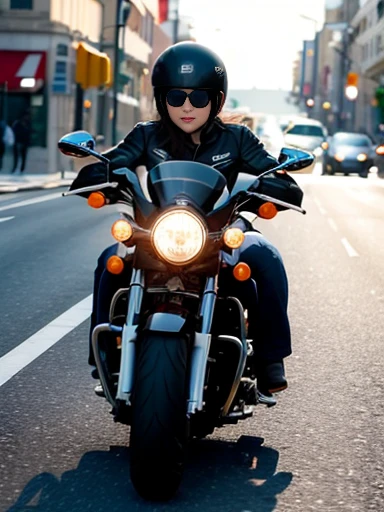 city, road,american cruiser motorcycle,female rider,motion blur:1.2