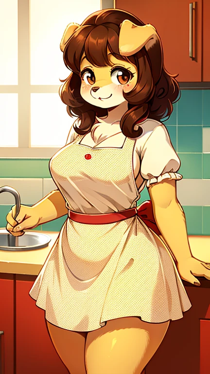 best quality, best resolution, solo, (fluffy anthro furry), golden retriever woman, 30 years old, brown hair, curly hair, (light yellow fur), medium breast, thick thighs, (white dress with red polka dots, skirt apron, 60s curly hairstyle), 50s retro style kitchen