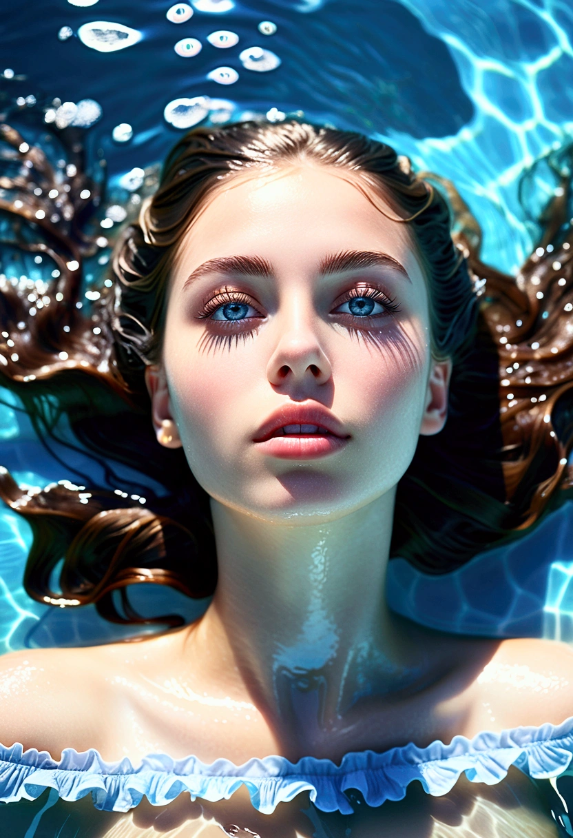 1girl, beautiful detailed eyes, beautiful detailed lips, very detailed face and pupils, long eyelashes, wearing a frilly off-shoulder top, lying down in clear blue shallow water, relaxing_wet hair, wet face and body, gentle waves, reflection in the water, (Torso above waist_aerial shot low angle focus), surreal concept (highest quality, 4k, 8k, high resolution, masterpiece: 1.2), very detailed, (realistic, photorealistic, photorealistic: 1.37), natural light, soft lighting, Calm atmosphere, dreamy, ethereal, serenity, quiet