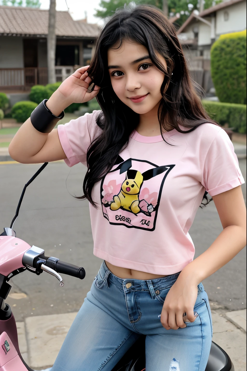 "A cute **-****-*** girl with a fair complexion, dark black hair styled in loose waves, and pink lips. She has a different yet adorable face with big, expressive eyes and a small, button nose. She is driving a Dio scooty in front of a traditional Indian house. She is wearing a pair of stylish jeans and an oversized black T-shirt with a Pikachu anime print. Her expression is playful and engaging, capturing the essence of a young and cute influencer enjoying a ride on her scooty."