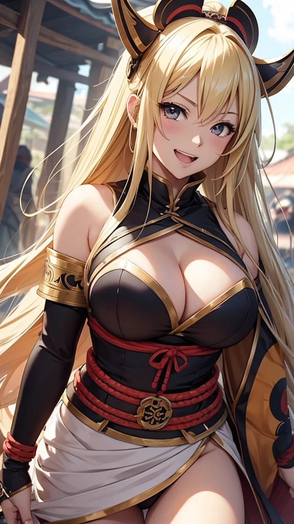 Gal、Sengoku Warlord Cosplay、cute、laughing、front、Blonde、Emphasize large 、Around 25 years old、Anime style illustrations