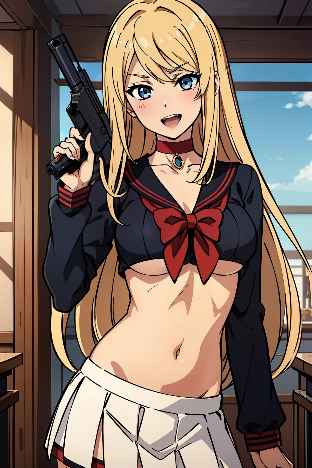 ,red choker, 
jewelry, necklace,
blonde hair, blue eyes, bangs, hair between eyes, long hair,
lipstick, blush, Hot girls, baddie, staring, glaring, bad attitude, mean girl, crazy, smoking, sensual, attractive, underboob, masterpiece, best quality, highly detailed, a anime girls in sailor uniforms with a gun posing for a picture,
evil smile, smile, open mouth,black_serafuku, ecchi anime style, anime girls , (nsfw) not safe for work,
ecchi style, ecchi, shipgirls, digital anime art!!, high school girls, holding a gun, hold a gun, anime style 4
k, micro skirt, exposed belly, exposed navel, exposed midriff, holding pistol,
exposed lower belly,school, classroom