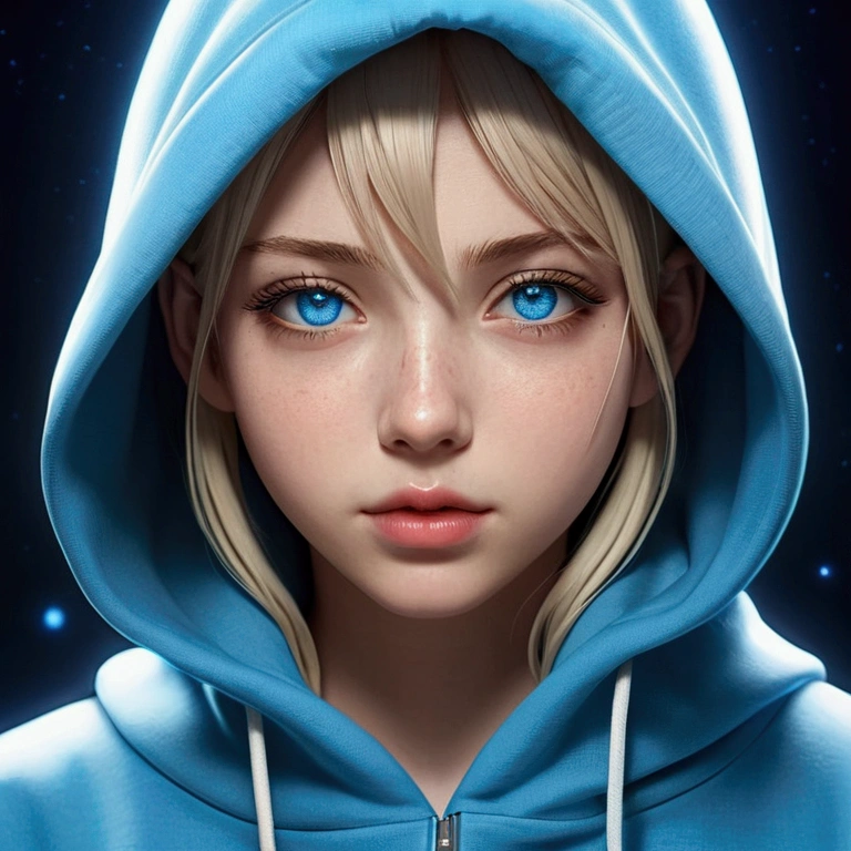 (Blue Eyes), Superior Quality, masterpiece, High resolution, 8k, cute girl wearing a hoodie, With a girl, Detailed line drawing,  digital improvement, Shut, Anime Core, fluid fabric，corruption，Torogao，Multiple Representations，I see peace in my eyes，Galaxy in the eye：1.3