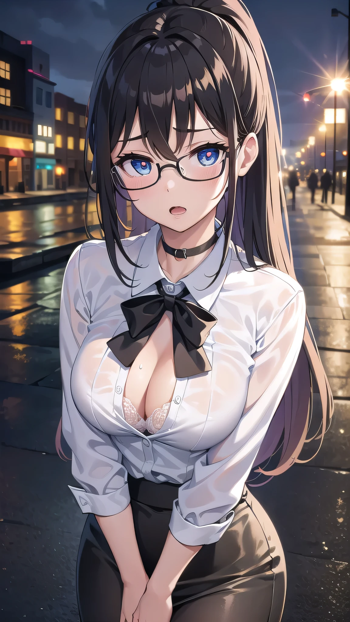 BREAK (masterpiece:1.2), best quality, high resolution, unity 8k wallpaper, (illustration:0.8), (beautiful detailed eyes:1.6), extremely detailed face, perfect lighting, extremely detailed CG, (perfect hands, perfect anatomy),city,street,night,wet road,reflections on road,mist, city lights,teacher,long haired,black hair,ponytail,glasses,hair between eyes, big eyes, blue eyes,white blouse,cleavege,neckline,unbuttoned blouse,open blouse,medium breasts,lace bra,,skirt,brown skirt,long skirt,pencil skirt,fishnet stockings,horny face,open mouth,black choker,upskirt,upper body,from above,looking in eyes,