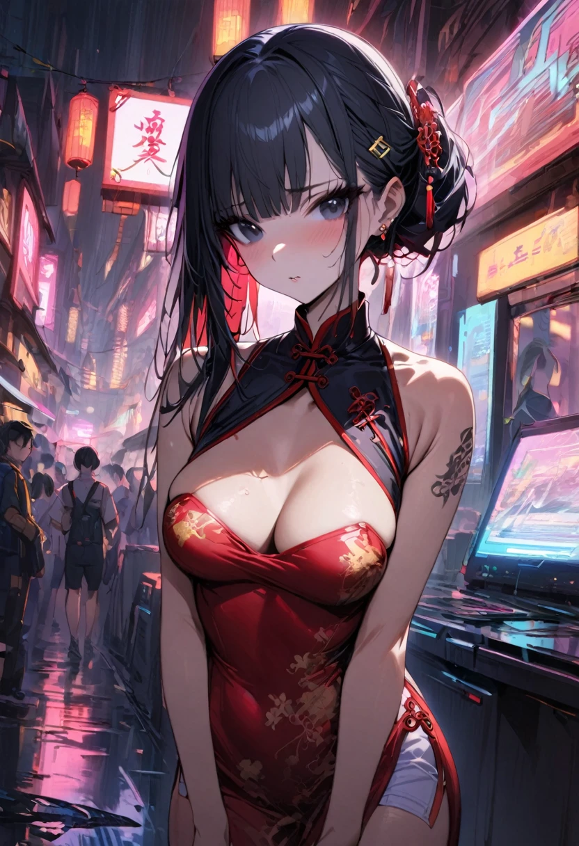 ((2 girls)) Young girl black hair black eyes cyberpunk high quality masterpiece high detail half body photo Chinese style with tattoos wearing cheongsam with full hair exposed